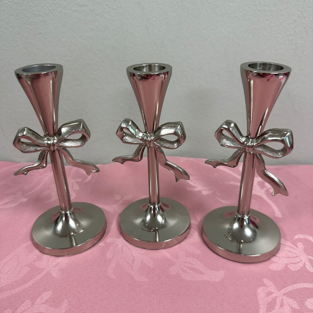 Threshold Set of 3 Silver Bow Taper Candle Holders Small Metal Coquette‎ Decor